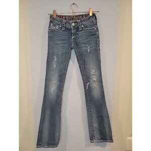 Womens Rock Revival Penny Jeans Rhinestones Leather Inserts Flap Boot Denim 23